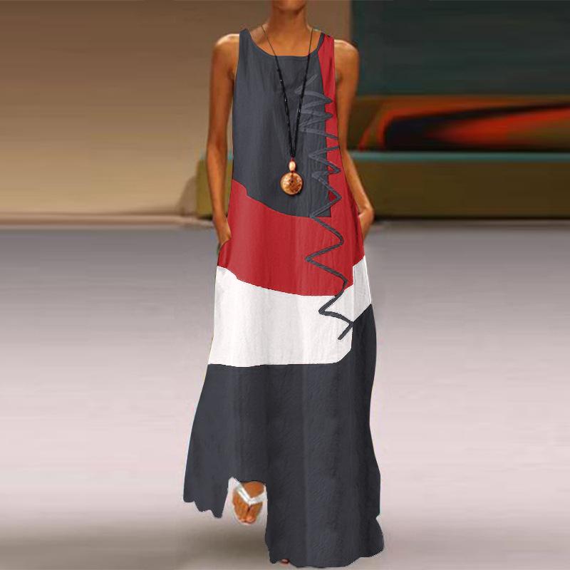 Plus Size Women Summer Retro Sleeveless Dress O-Neck Vintage Patchwork Long Dresses