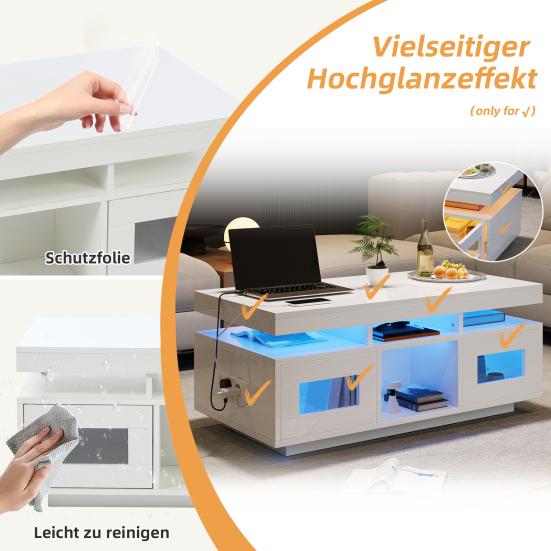 100x50x43cm Schwarzer Hochglanz-Couchtisch, mit steuerbaren LED-Leuchten, Mobile App, Wohnzimmertisch mit Schrank, Sofatisch mit Ladeanschluss und