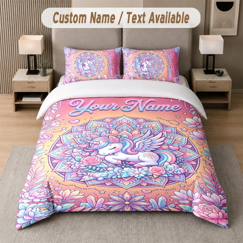 Unicorn Theme Custom Text Or Name 3Pcs Bedding Set 1 Flat Sheet & 2 Pillowcases Personalized Home Bedding