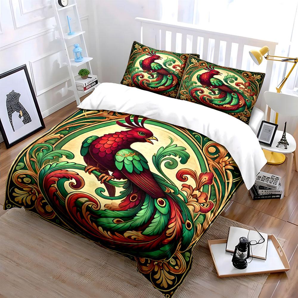 3Pcs Art Nouveau Peacock Ornate Frame Duvet Cover Set Vintage Green Floral Bird Bedding with 1 Duvet Cover 2 Pillowcases