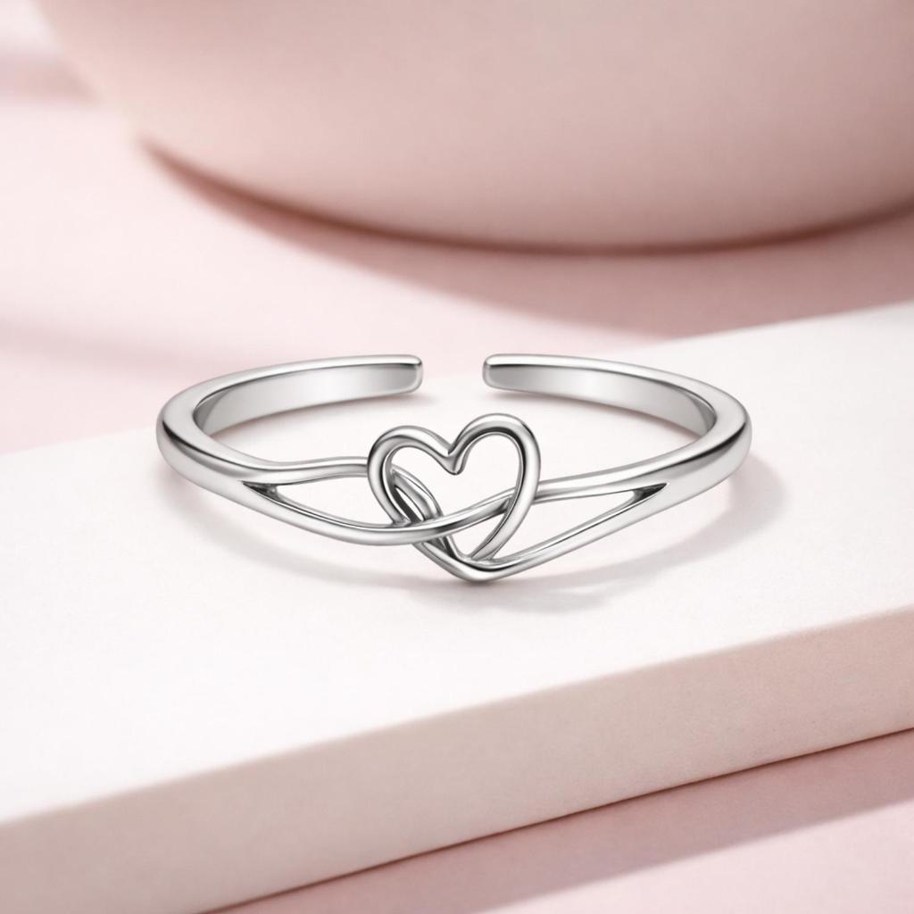 Intertwined Love Knot Heart Adjustable Open Ring –925 Sterling Silver