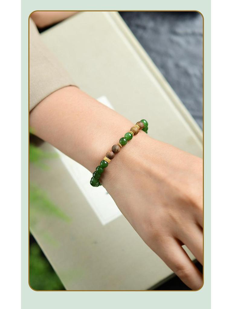 Chinese Style Hetian Jade & Agarwood Bracelet with 925 Silver Spacers