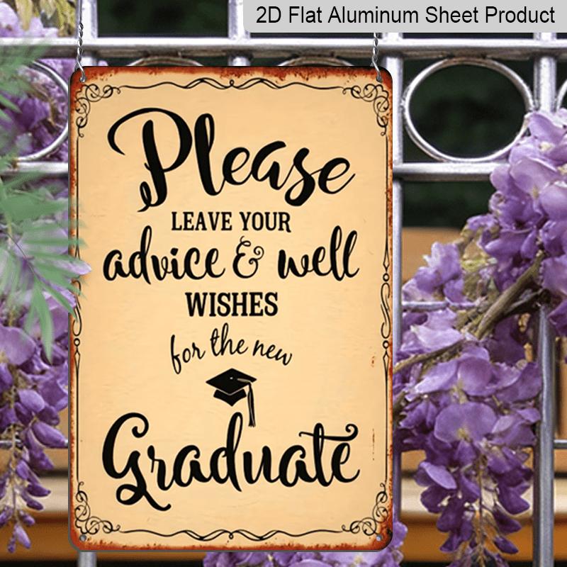 2D Flat, 1pc Vintage "Advice & Wishes for The New Graduate" Aluminium Sign - 8"x12" Rustic Graduation Party Decor, Grad Cap Guest Book Wall Art