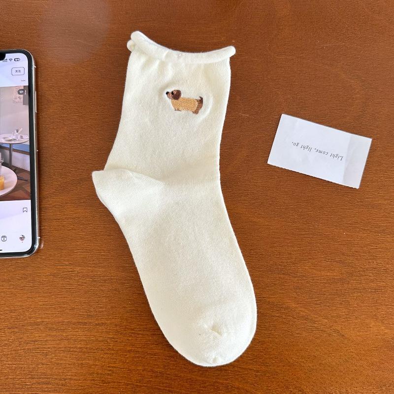 

White Pile-up Socks - Cotton, Sweat-absorbing, Breathable, Elastic, Rolled-edge Mid-calf Socks with Cute Cartoon Patterns for Casual Wear 1 pair