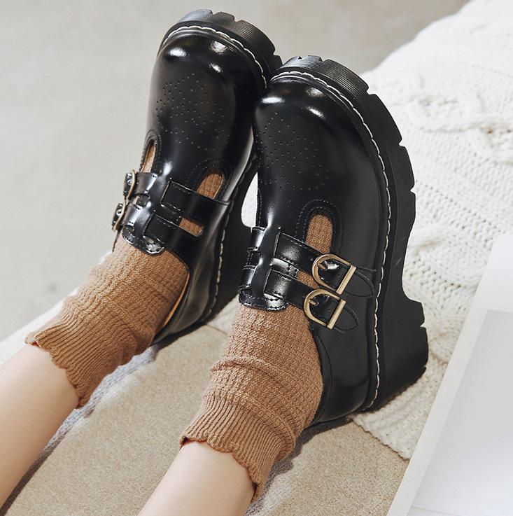 Skórzane retro buty Mary Jane damskie z paskiem na kostce, gruba podeszwa, platforma, okrągły nosek, masywny obcas, na imprezę, cosplay, lolita