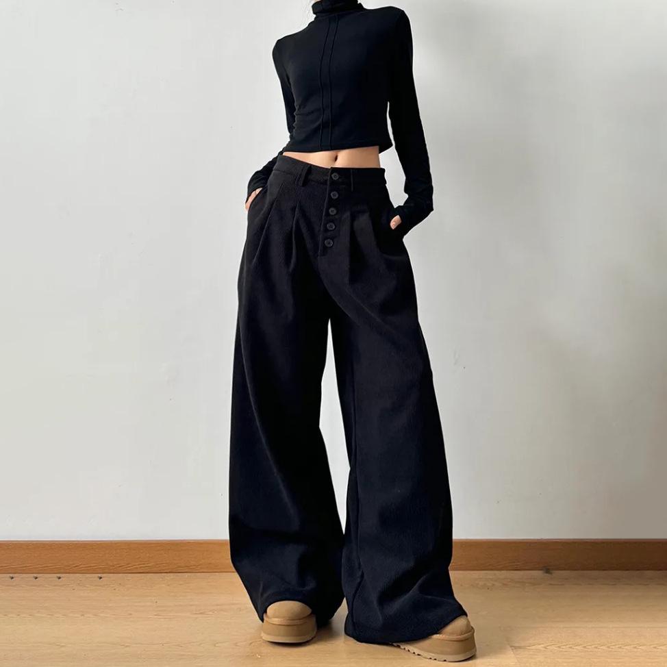 Women's 2024 Winter American Retro Wide-Leg Casual Pants - Loose Fit, High-End Drape Design