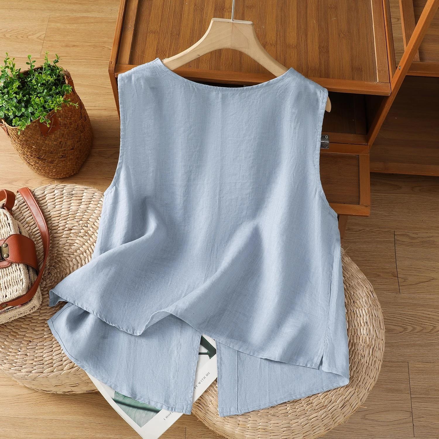 Retro Japanese Style Linen Tank Top Women Summer Loose Slimming Casual Round Neck Sleeveless Split Shirt Style Women s Vest XS синий