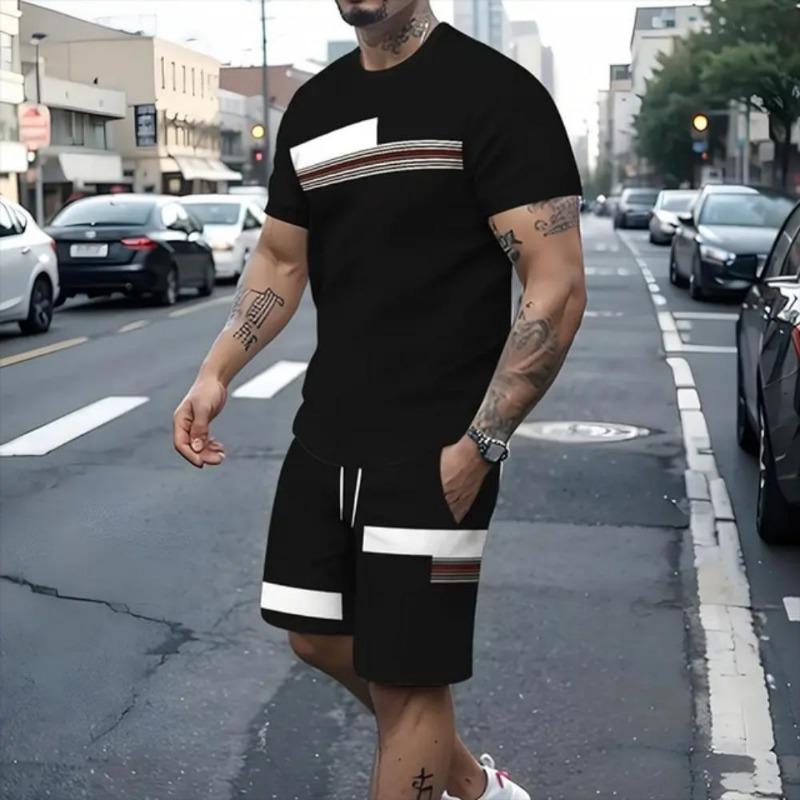 Summer Fashion Casual Men's Suit Gradient 3D Printed Sportswear Short-sleeved Suit Oversized Round Neck T-shirt Shorts 2-piece