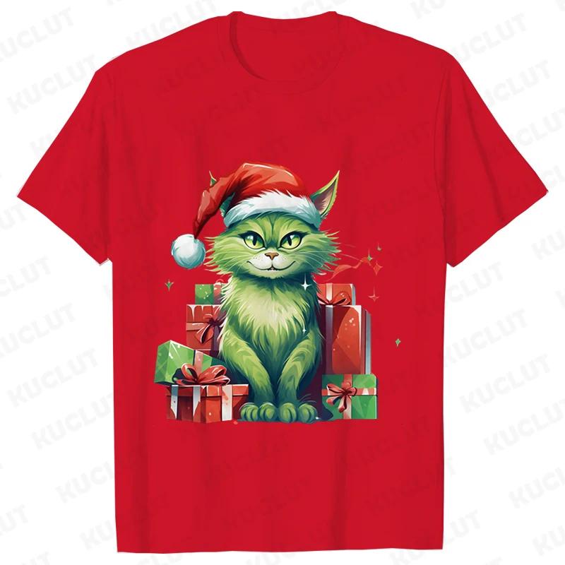 New Year Short Sleeve Tshirt Cute Cat Print Tops Fashion Xmas Unisex Tees Shirt Trend Graphic Christmas Male Oversized Clothing