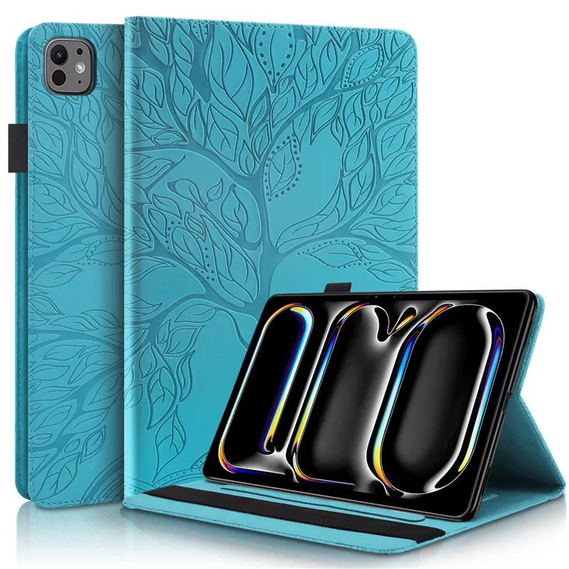 

For iPad Pro 11 Case 2024 11.0 inch A2837 A3006 A2836 Embossed Wallet Slot Tree Funda For IPad Pro 11 2024 Cover Coque + Stylus For iPad Pro 11 2024 синий