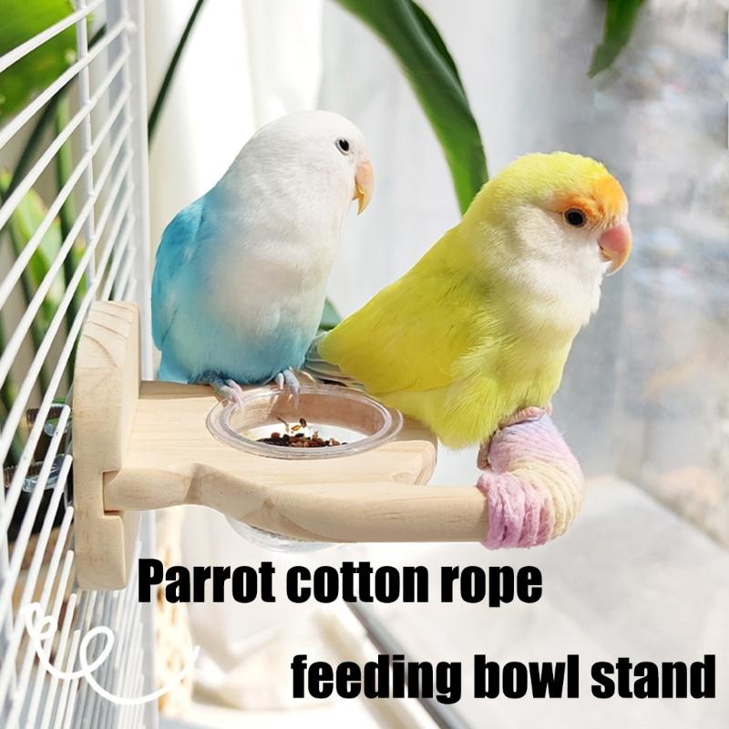 Natural Wood Parrot Stand Multifunctional Feeding Accessory Includes Feeding Bowl For Conures Lovebirds Finches