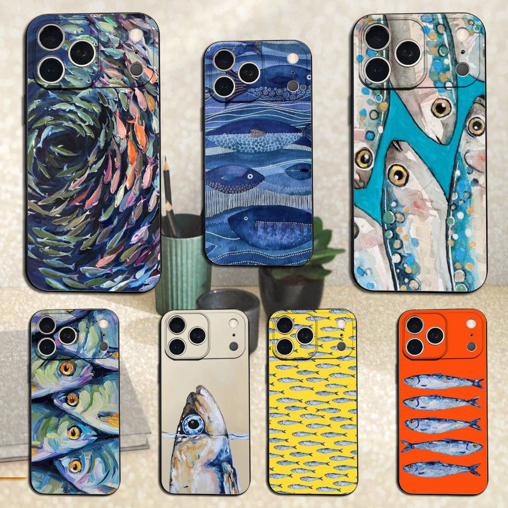 Sardines Ocean Case For iPhone 11,12,15,14,13,16,17,Plus,Pro Max,XS,X,XR,SE,Mini,8,7,Soft Silicone Black