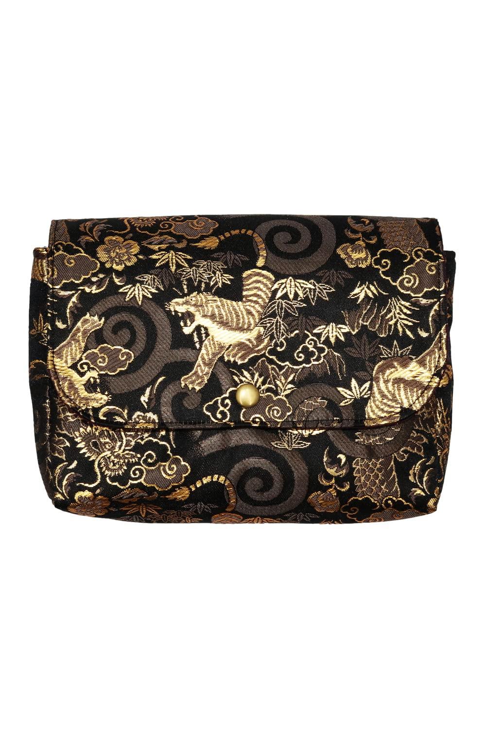 Brocade Goshuincho Holds 2 Goshuincho 22 x 14 x 4 Made in Japan Tiger Nishijin-ori (stamp book) holder/pouch. books. cm. (Dragon & design, Black).