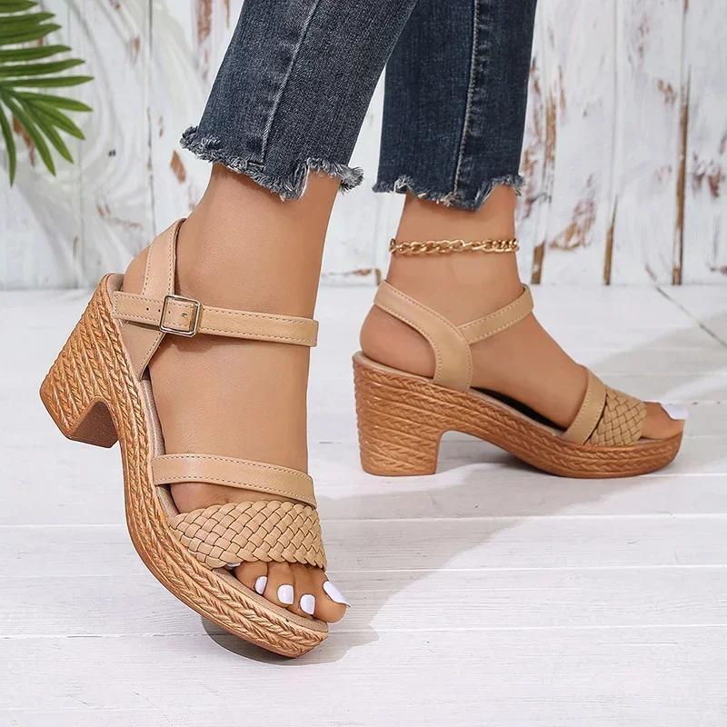 Fashion Women Sandals White Chunky Heeled Sandals Women Summer 2025 Braid Band Gladiator Sandals Woman Ankle Strap Casual Platform Shoes