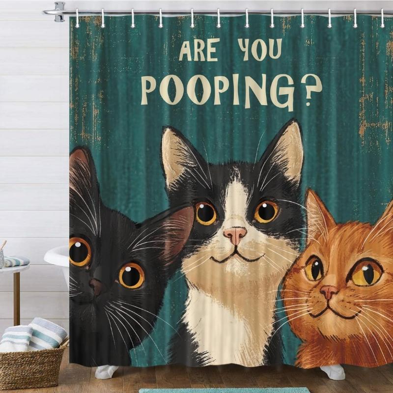 Funny Cat Vintage Shower Curtain, Are You Pooping Curious Kitty Fun Whimsical Shower Curta, Fancy Humor Cat Polyester Fabric