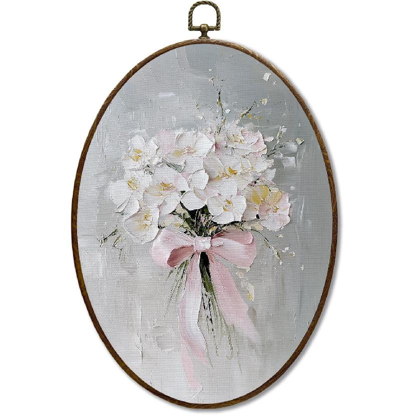 JQF Винтажный Коттеджкор Цветочный Овальный Декор Стены, Кокетливый Розовый Бант Цветочная Композиция Овальный Холст Настенное Искусство, Акварельные Ретро Цветочные Рамки Подвесные Принты flower-1