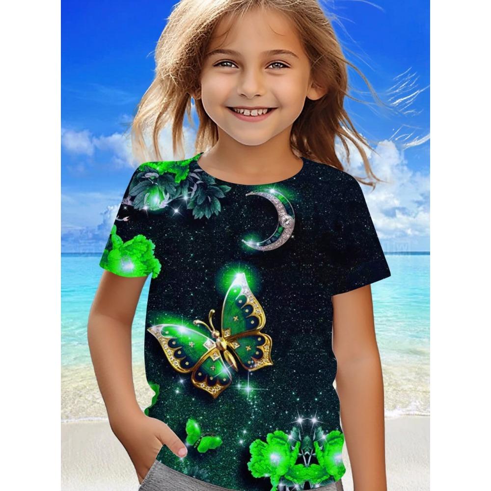 Children's Clothing, Women's Clothing, Summer Short Sleeved Kawaii Butterfly Printed Girls' T-shirt, Fashionable Round Neck Children's Clothing
