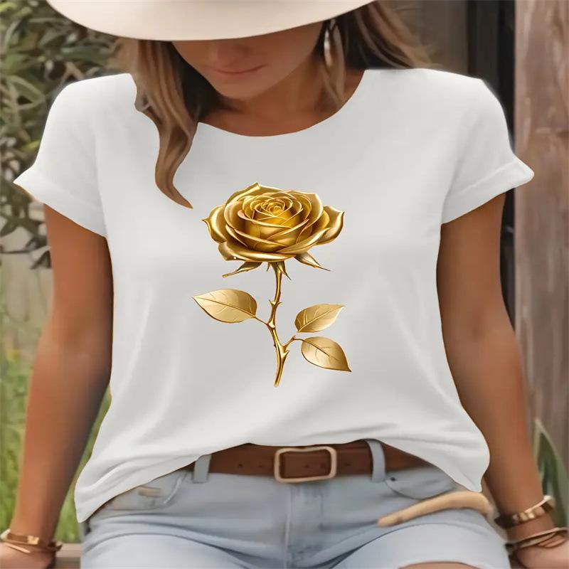 

Летний топ с круглым вырезом, с принтом в цветочный узор, модная повседневная женская футболка из чистого хлопка с короткими рукавами L