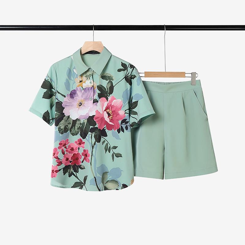 

ZANZEA Женская блузка с коротким рукавом и принтом и шорты Летние костюмы-двойки S зелёный
