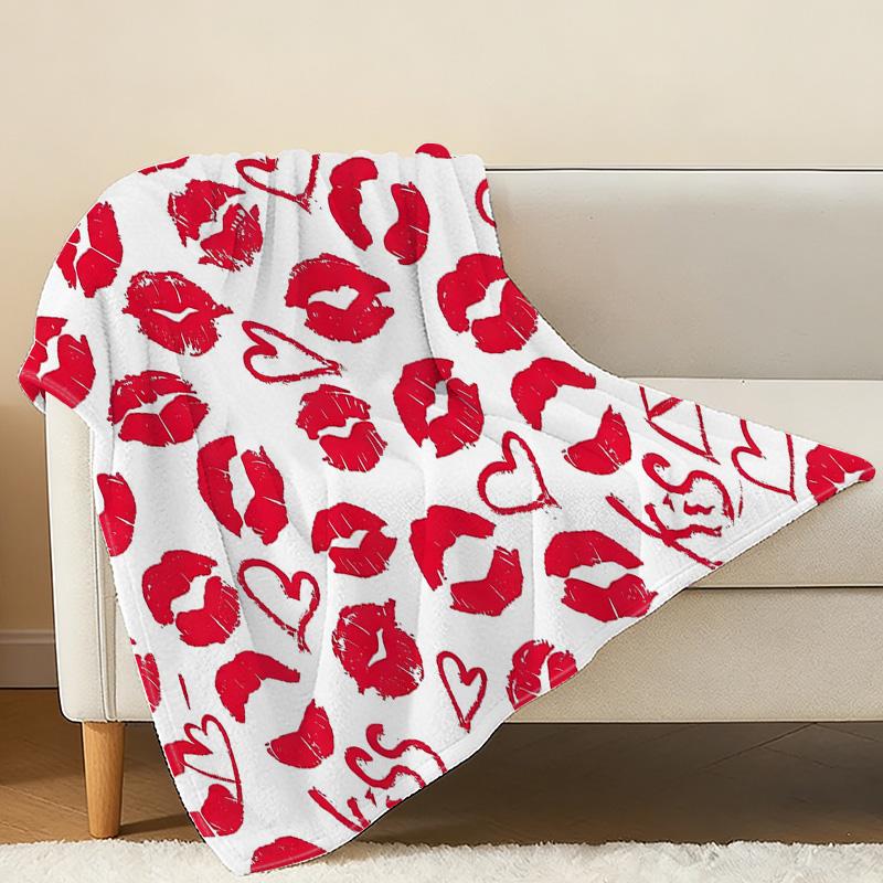 Soft Flannel Blanket Anti-Pilling, Red Lips & Hearts Design, Warm Cozy All Season for Home & Couch Napping, Valentine's Day Gift