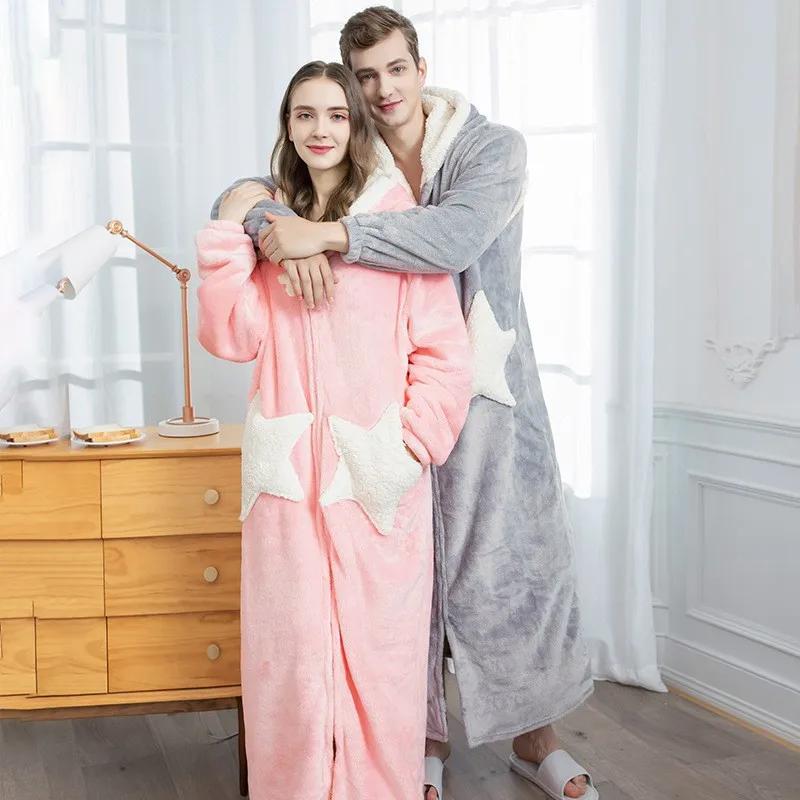 Couple Shower Robe Winter Sleepwear Star Hooded Long Bathrobe Warm Plush Man and Woman Terry Robe Korean New Pajamas Night Gown