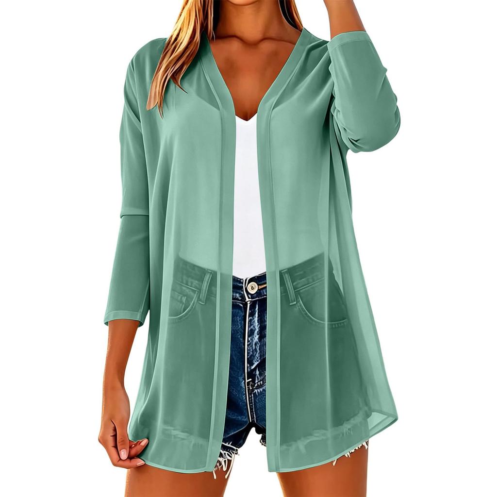 Women's Lightweight Chiffon Open Front Cardigan Three Quarter Sleeve Loose Fit Summer Outerwear Layering Top for Casual Wear