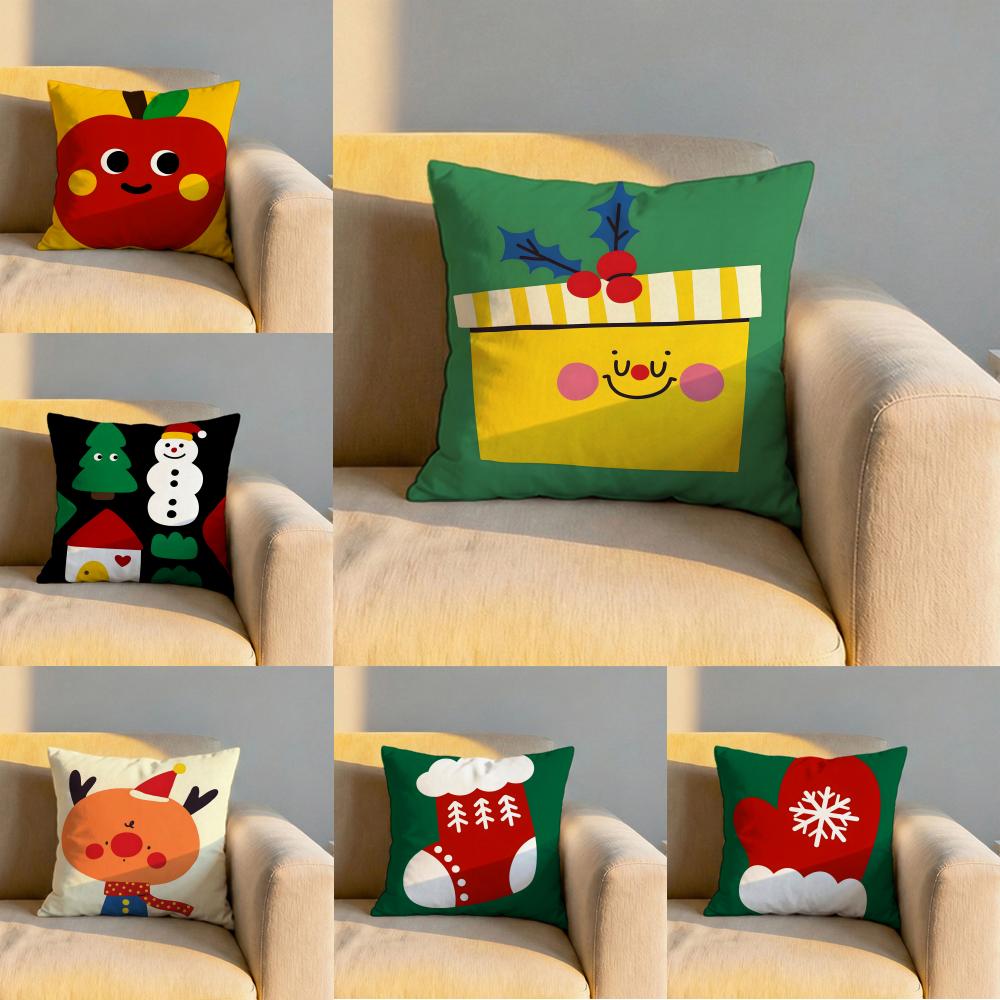 Christmas Illustrations Cushion Cover Soft Reversible Durable Pillow Cover MultiScene Use for Home Car Daily Comfort