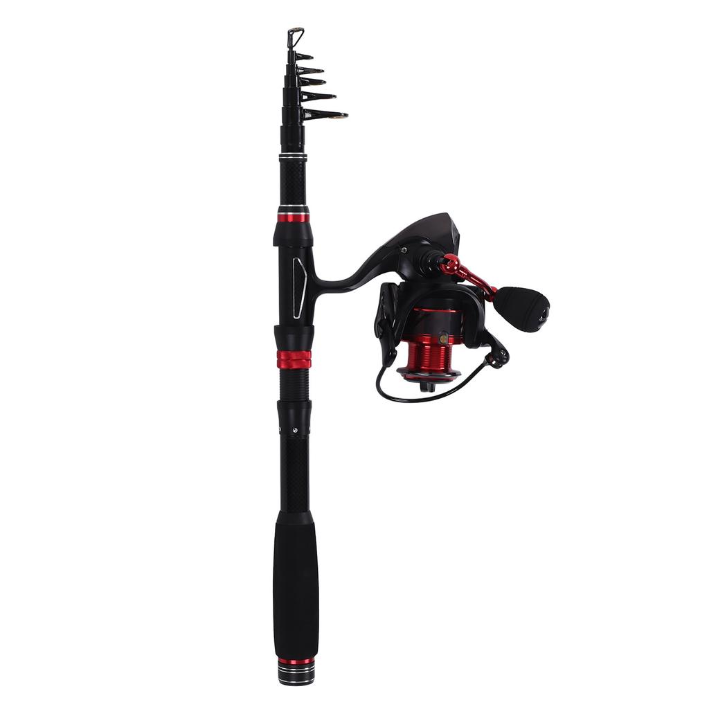 Fishing Rod Set Black Red Carbon Telescopic Fishing Rod GA3000 Spinning Reel with Line Bait Hooks for Saltwater