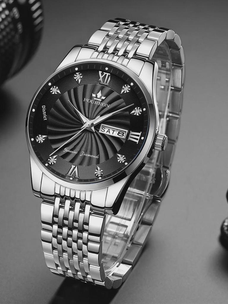 Men's Diamond Quartz Watch with Luminous Double Calendar