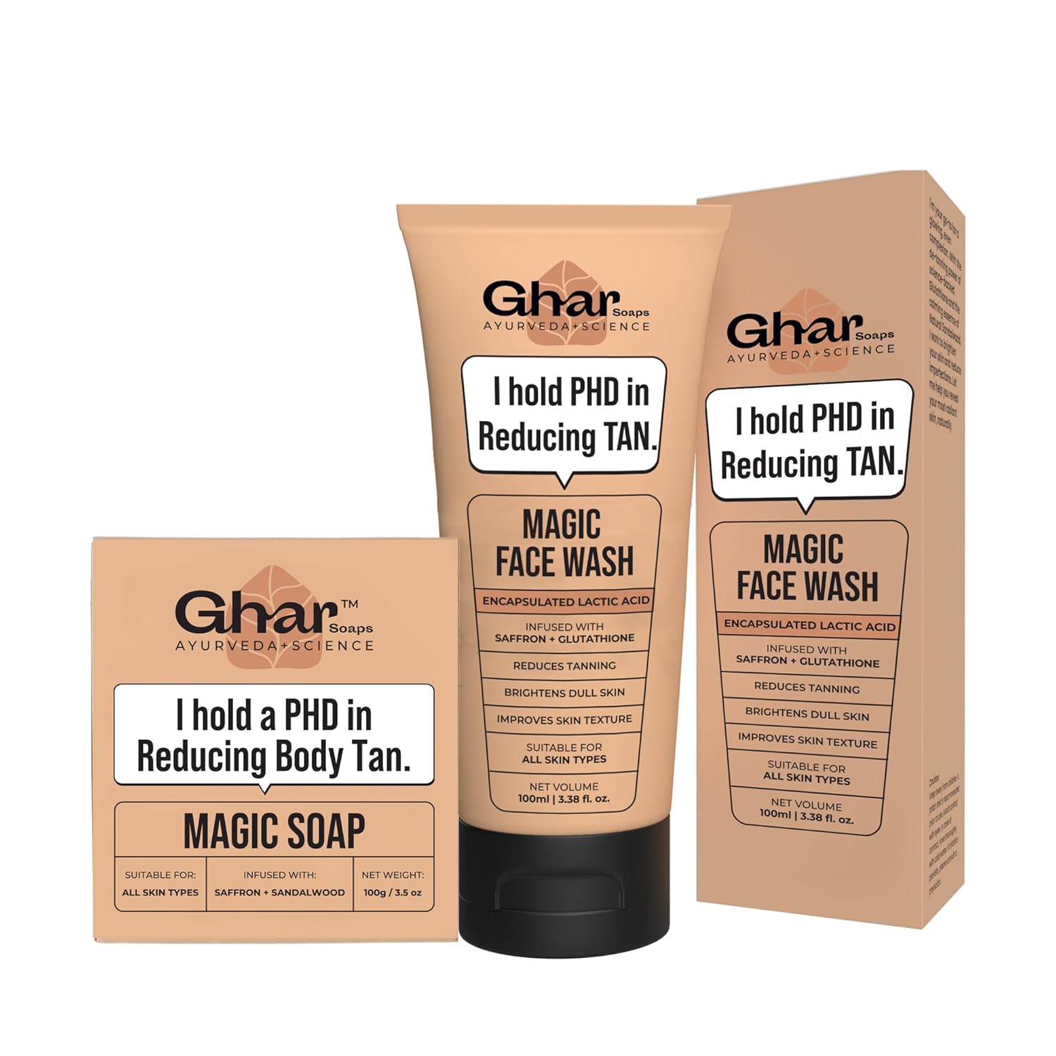 

Ghar Soaps Magic De-Tan Face Wash 100ml & Sandalwood Saffron Bath Soap 100gm Set for Brightening Skin