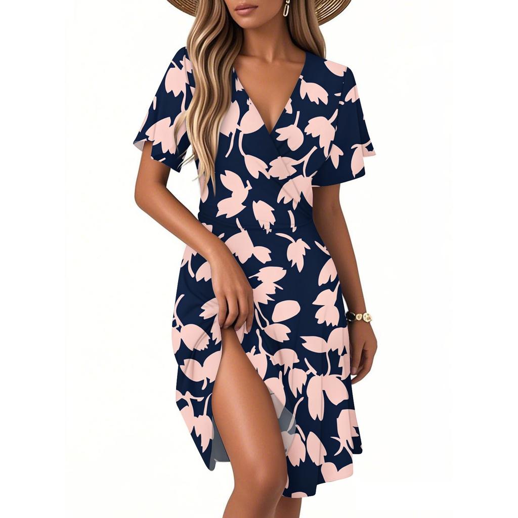 Women's Summer Fashion Leaf Print Dress Casual Beach A-line V-neck Loose Sundress