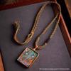 Tibetan Handmade Amber Gold Jade Amulet Necklace with Eight Treasures Compass Thangka Pendant