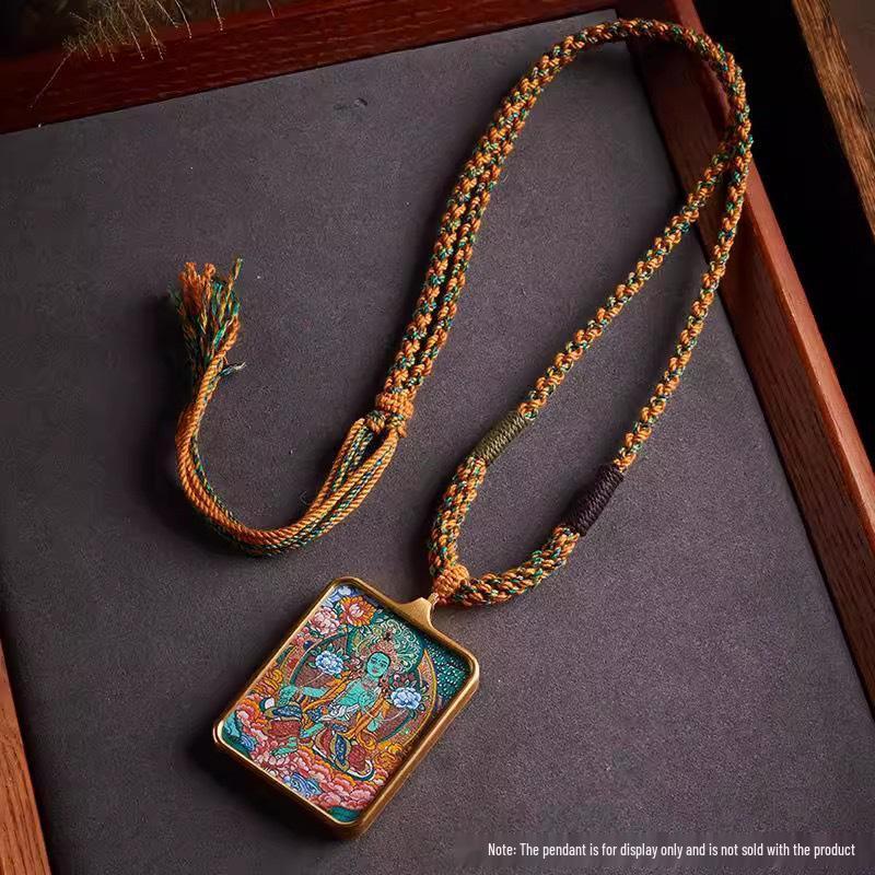 Tibetan Handmade Amber Gold Jade Amulet Necklace with Eight Treasures Compass Thangka Pendant
