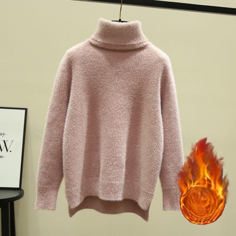 Winter Turtleneck  Thicken Sweater Women Casual Warm Plush Lining Knit Tops Add Velvet Bottomed Blue Pullover
