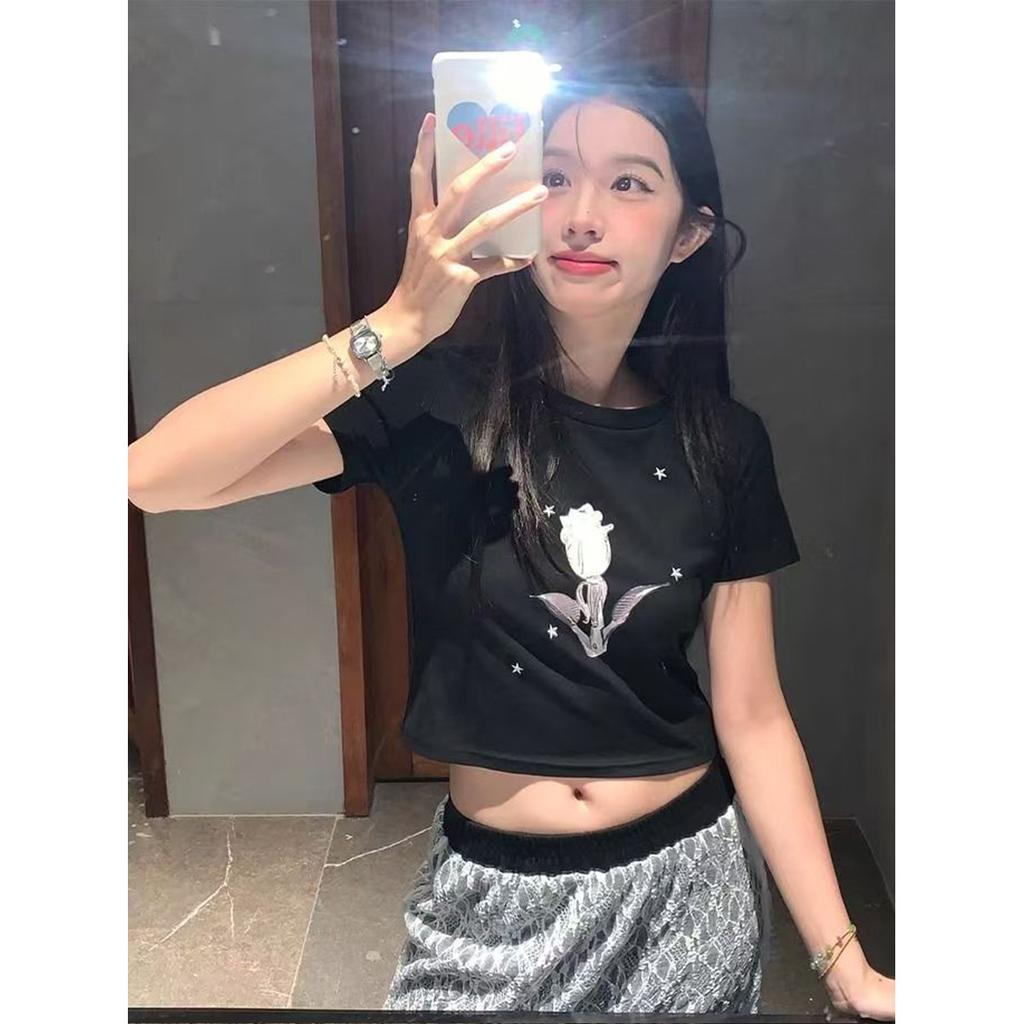 Homemade printed black short-sleeved T-shirt women's summer new sweet and spicy scheming waist women's top
