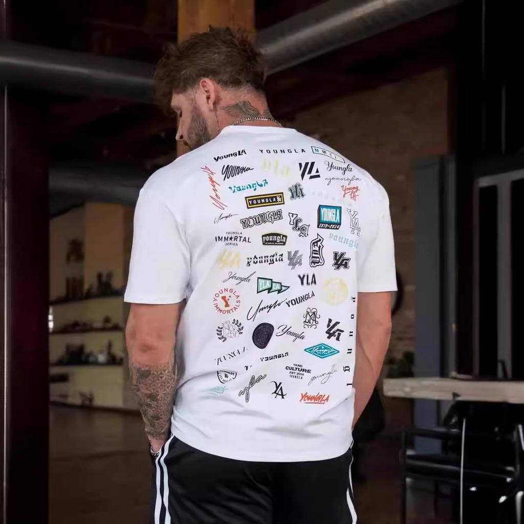 Summer Full Back Printed Short-Sleeved Men'S Loose 240G Celebrity Wall T-Shirt Cotton Round Neck Casual Fitness Sports Short-Sleeved Men