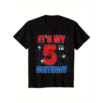Taglie europee Bambini Ragnatela Cinque 5 Anni È il Mio 5° Compleanno Ragazzo Festa Maglietta Bambini Tessuto Morbido, Traspirante, Comode Magliette a Maniche Corte