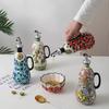 Vintage Floral Ceramic Oil Bottle 600ml, Hand Painted Polish Style Vinegar Dispenser with Handle, Kitchen Decor Cruet