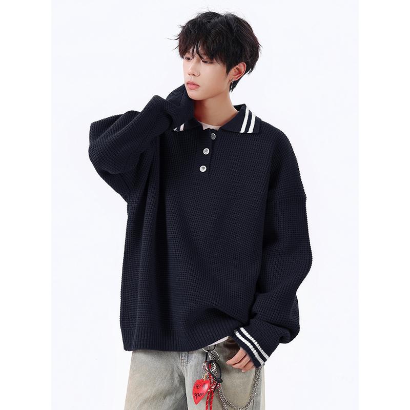 Retro Casual Street Sweater Lapel Long Sleeve Striped Contrast Casual Fashion Top