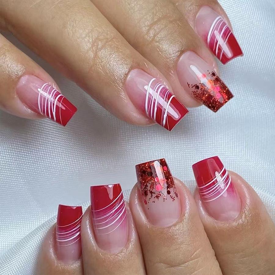 24Pcs Pink Square False Nails Glitter Nails Art Wearable Fake Nail Silver French Ballerina Full Cover Acrylic Press on Nail Tips