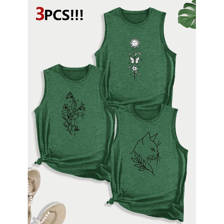 Sunflower Cat Line Art Combination Gift Print Pattern Round Neck3Pack of Sleeveless Vests for Women In Spring, Summer, and Autumn