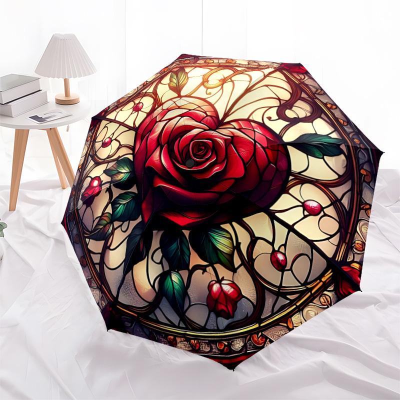 1PC Stained Rose Heart Automatic Open/close, All-Season Portable Folding Umbrella for Women & Men yy250919169