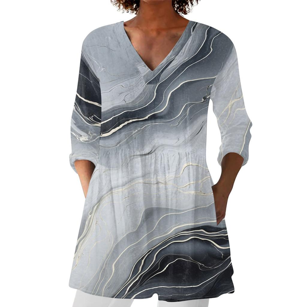 Dámská móda Tištěný V výstřih 3/4 rukáv Kapsa Ležérní Volný střih Svetr Top