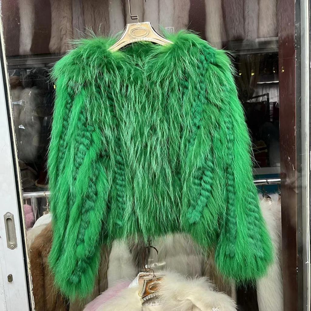 Real Raccoon Fur Woven Coat for Women Short Style Fur Rabbit Fur Long Sleeves Stylish Real Fur Round Neck Coat