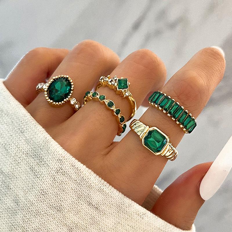 5Pcs Green  Rings Set For Women Geometric Inlaid Diamond Vintage Jewelry