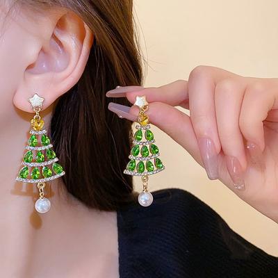 Green Zircon Christmas Tree Drop Earrings Classic Trendy Xmas Tree Imitation Pearl Fringe Earring Holiday Jewelry For Women Men