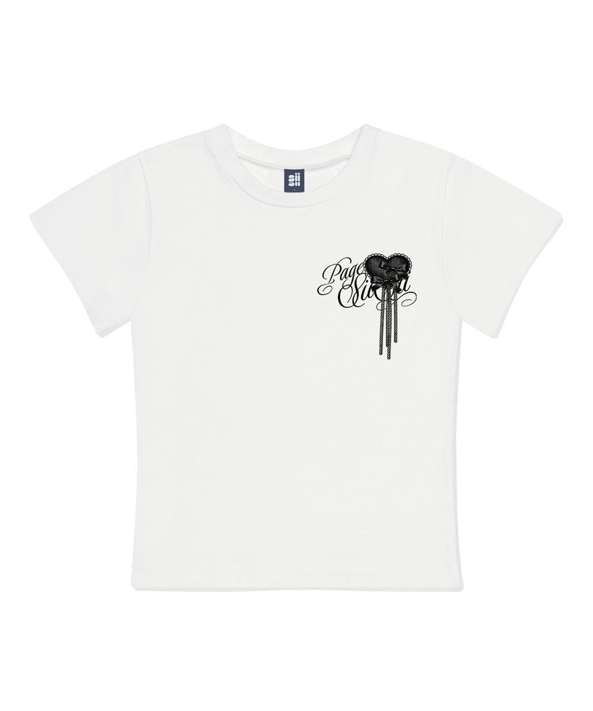 PAGESIISII Heart Ribbon Brooch Print Slim Fit Short Sleeve T-Shirt Ivory