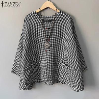 Women Casual V Neck 3/4 Sleeve Plaid A-Line Blouses