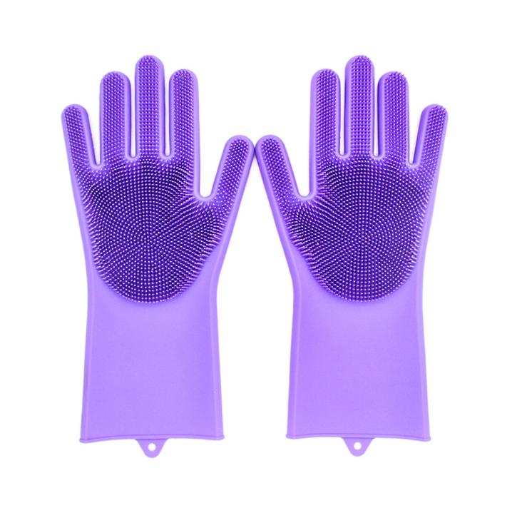 

1 пара высококачественных силиконовых бытовых волшебных кухонных перчаток для чистки скруббера, перчатки для мытья посуды фиолетовый