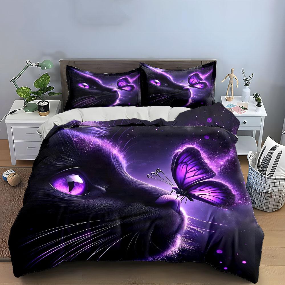 Elegant Cat And Butterfly Art Exquisite Three-Piece Bedding Set Gift For Kids And Adults